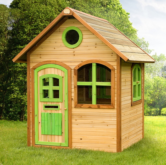Holz-Kinder-Spielhaus Gartenspielhaus mit T�r und Fenster farbig lasiert